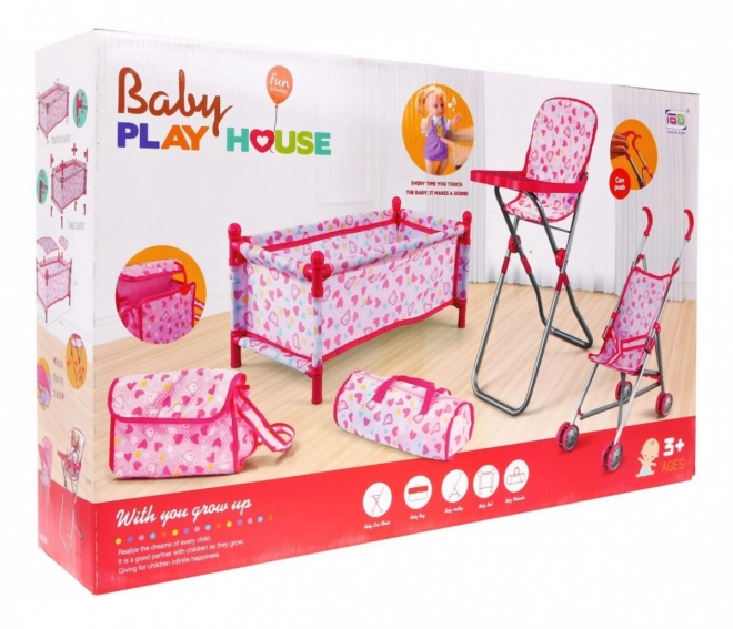 Ensemble d'accessoires pour poupées 3+ Soin de l'enfant + Landau + Chaise de nourrissage + Lit bébé + 2 sacs