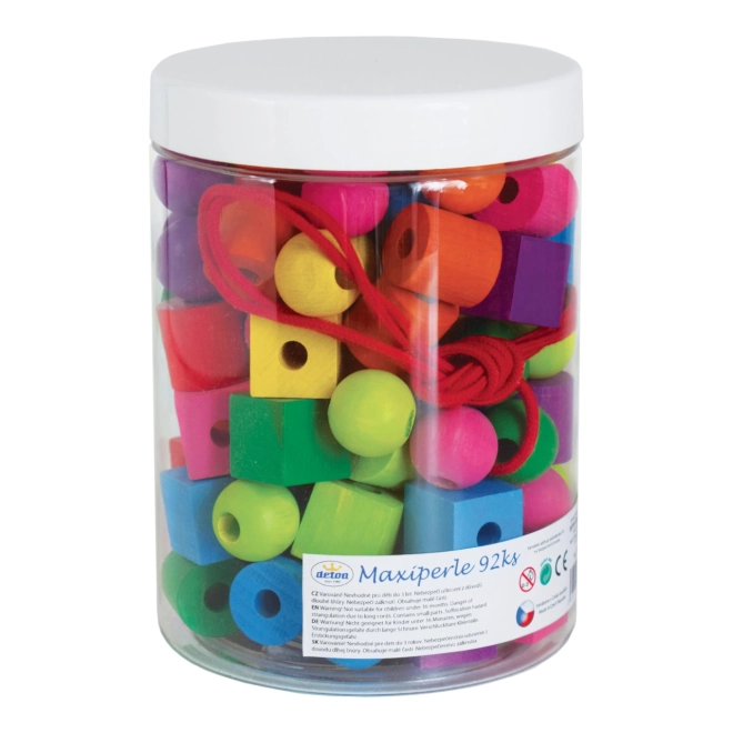 Maxi perles en bois colorées avec cordelette 92 pièces dans boîte en plastique 10x14cm