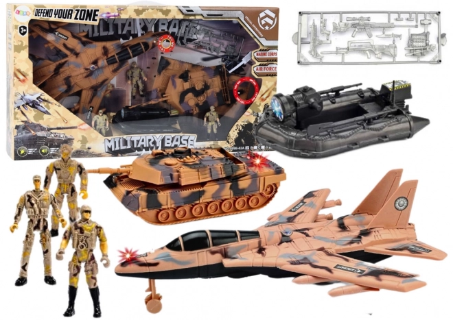 ensemble de jeu militaire avec un char, un avion de chasse et des soldats avec effets sonores