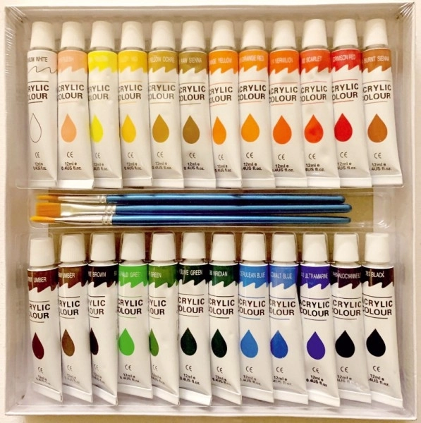 Peintures acryliques 24x12ml avec 3 pinceaux aussi pour céramique, verre, pierres dans une boîte de 22x22x2cm