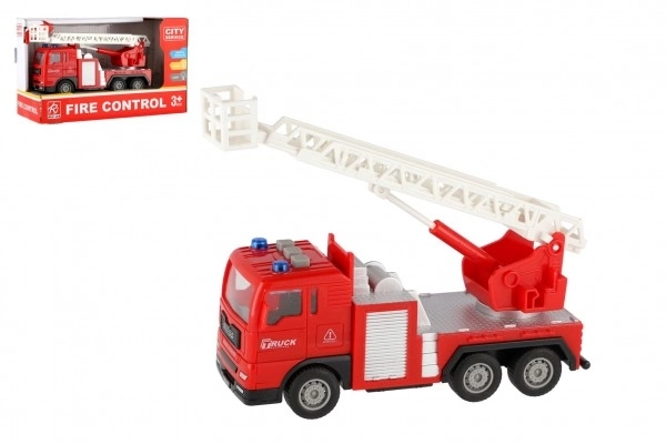 Voiture de pompiers en plastique 16cm à inertie avec batterie avec lumière et son dans une boîte 21x13x9cm