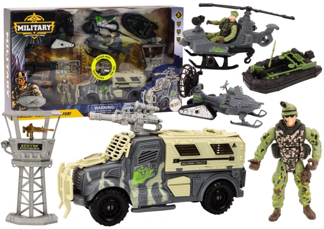 Ensemble militaire avec véhicule de combat et hélicoptère