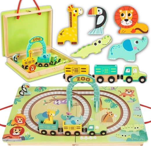 Tooky Toy ensemble de train en bois ZOO dans une valisette avec wagons magnétiques