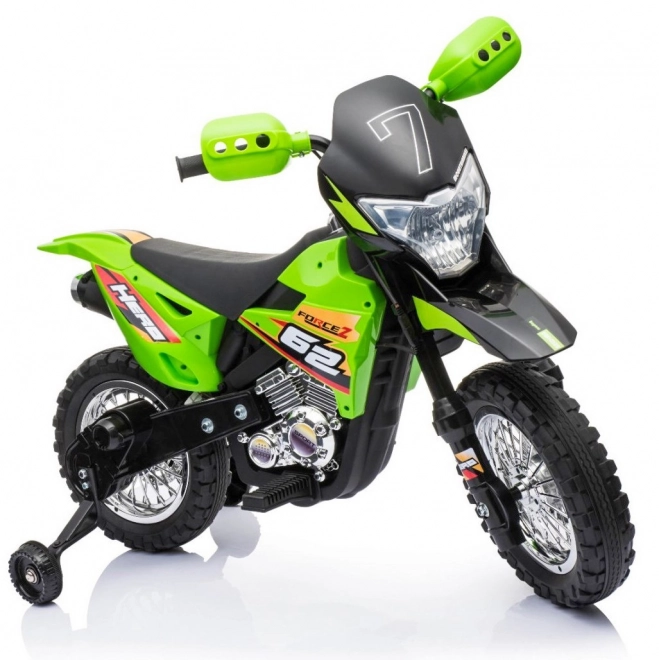 Moto cross électrique pour enfants à batterie – verte, avec roulettes stabilisatrices et feux LED