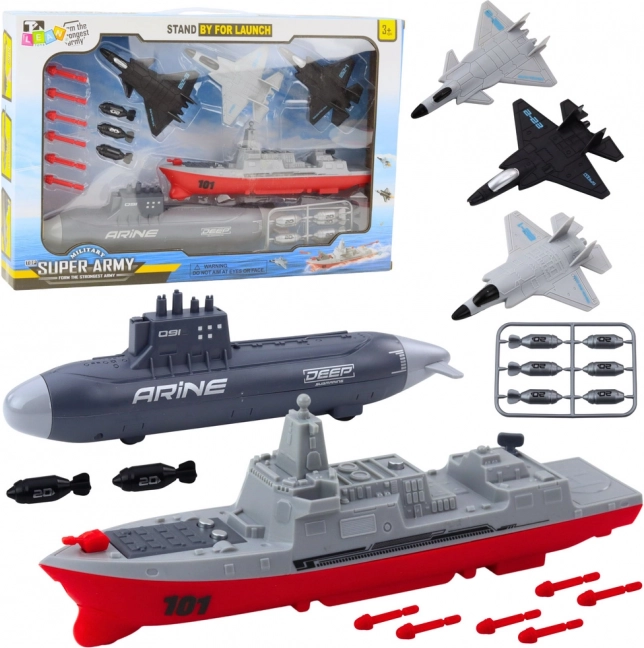 Ensemble militaire pour enfants avec porte-avions, sous-marin et chasseurs
