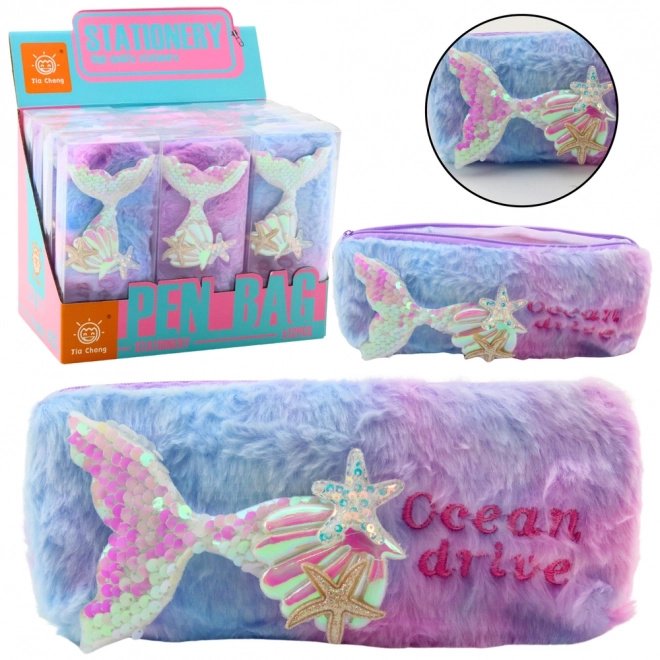 Trousse en peluche avec motif de sirène et paillettes violet-bleu