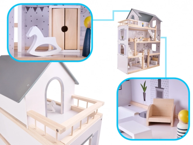 Maison de poupée en bois clair avec meubles - 80cm