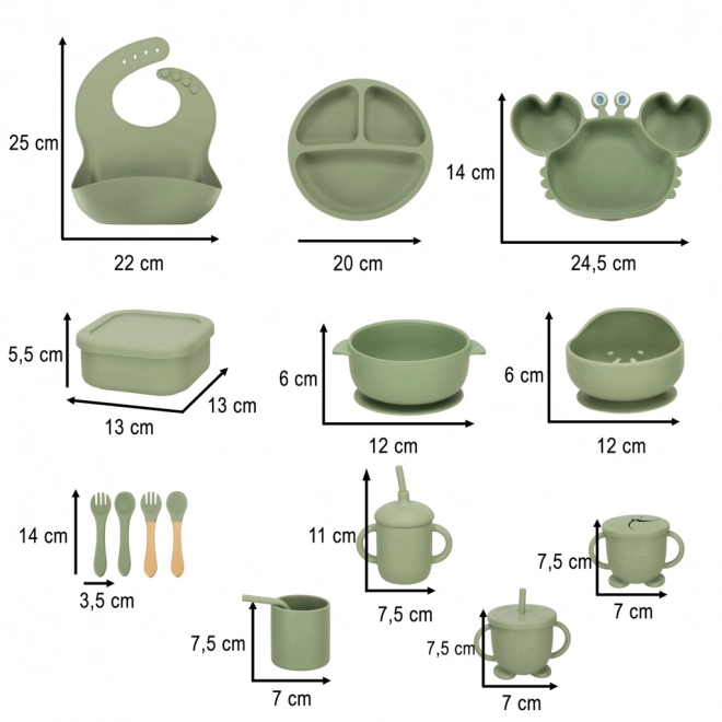 Set d'ustensiles pour enfants en silicone, crabe, 19 pièces vert