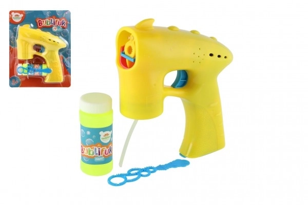 Pistolet à bulles jaune en plastique 13cm + 1 recharge à piles sur carte