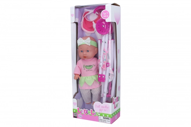 Bébé avec poussette et accessoires