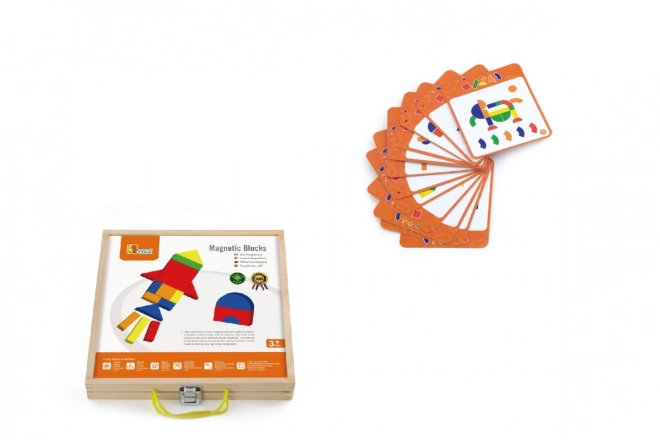 Jeu de construction magnétique en bois dans une mallette