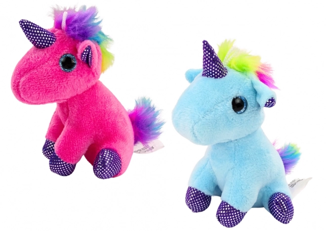 Licorne en peluche avec crinière colorée dans un sac en caoutchouc