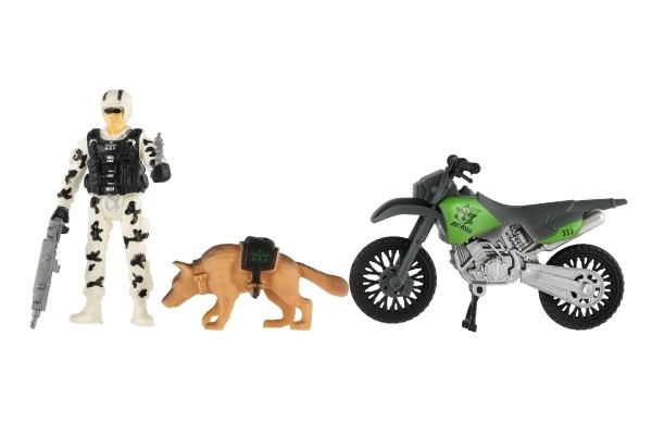 Ensemble militaire en plastique avec moto, soldat, chien et accessoires dans une boîte 23x14x4cm