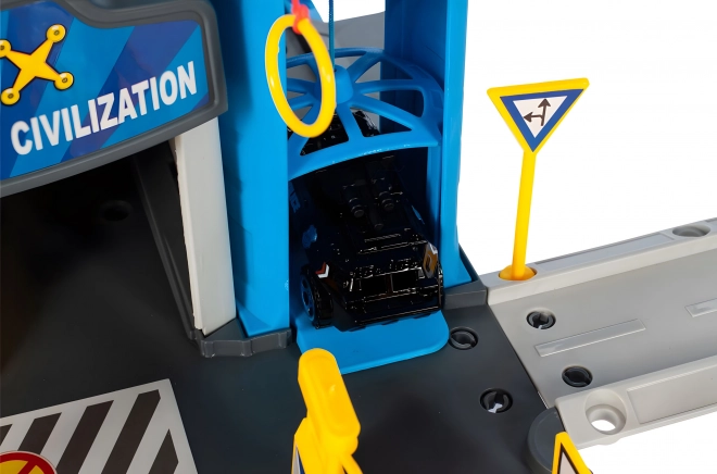 Garage station de police, 3 niveaux avec ascenseur, voitures + hélicoptère, 74 pièces