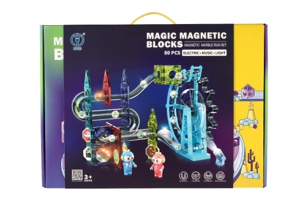 Piste de billes magnétique en plastique 80pcs 16 billes + accessoires à piles avec lumière dans une boîte de 47x35x9cm
