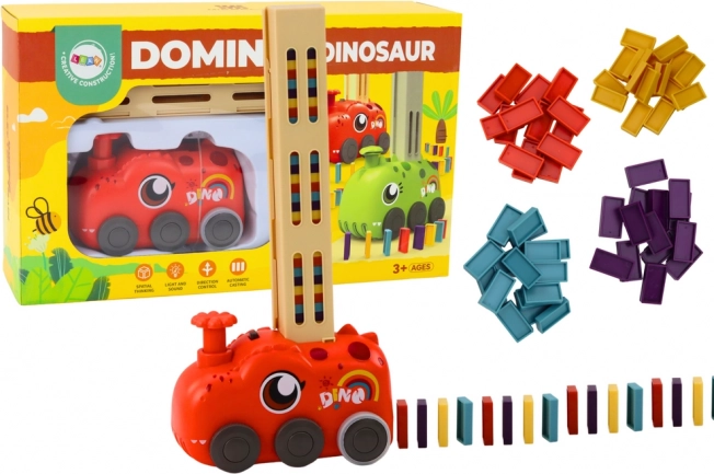 Petit train dinosaure rouge à piles construisant un domino coloré
