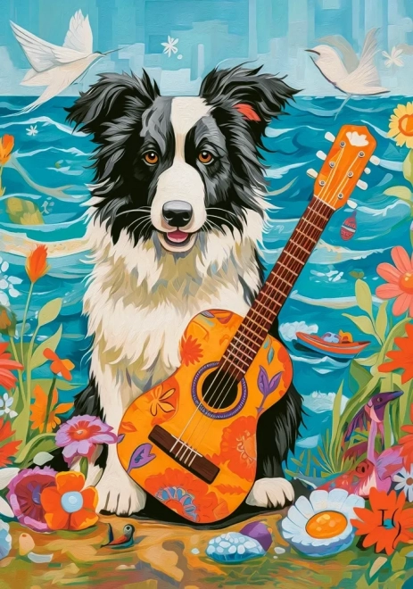 Puzzle 100 pièces – colley, guitare et mer