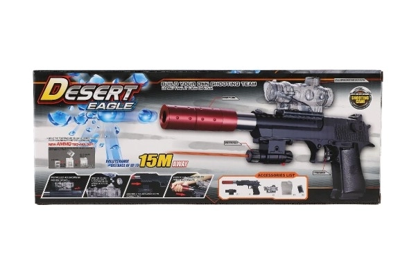 Pistolet plastique/métal 33cm pour billes d'eau + balles 9-11mm à piles avec lumière dans une boîte 34x13x4cm