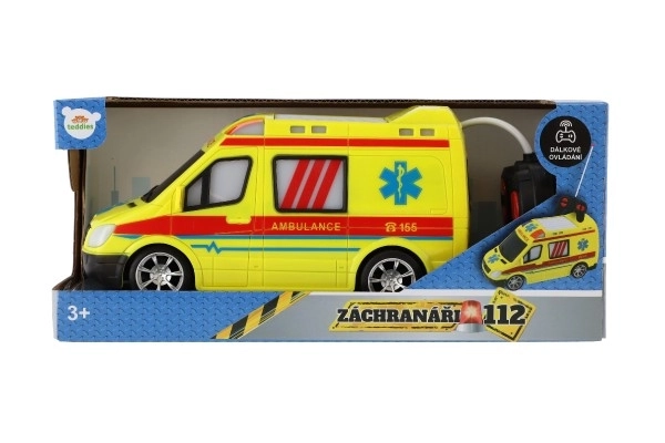 Ambulance RC Auto plast 20cm télécommandée 27MHz à piles avec lumière en boîte 28x13x11cm
