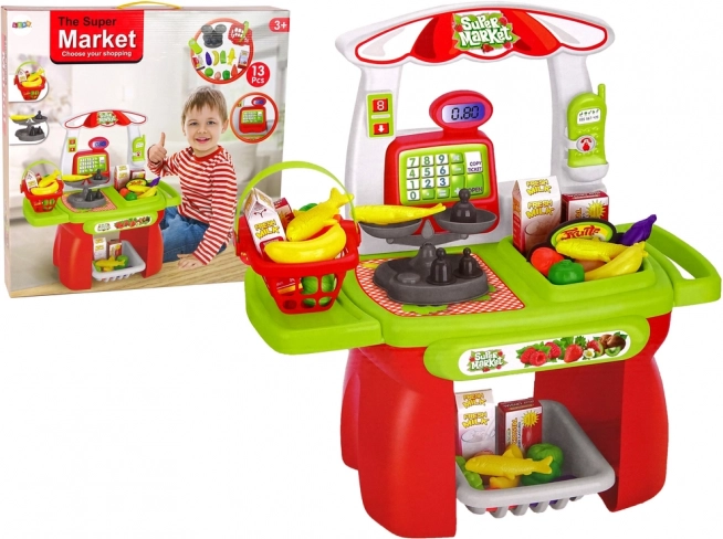 Supermarché pour enfants – panier, caisse enregistreuse, balance et aliments (set de 13 pièces)