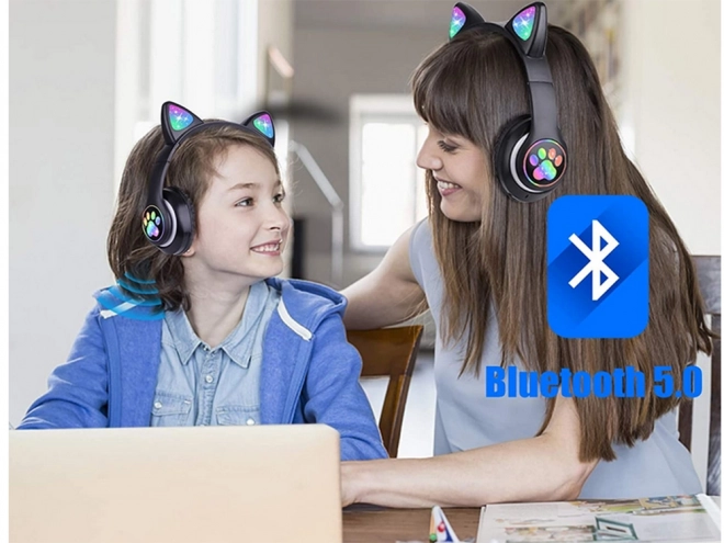 Casque sans fil bluetooth radio fm mp3 oreilles de chat éclairage LED – Blanc