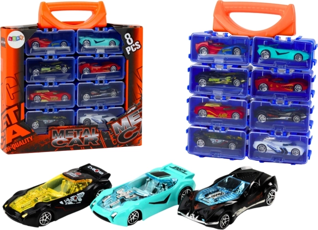 Set de petites voitures métalliques dans une mallette, 8 pièces