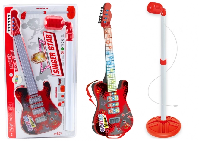 Guitare électrique avec support et microphone à piles rouge