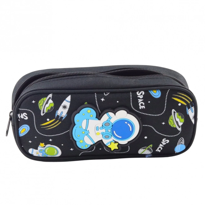 Trousse d'école Espace avec cosmonaute, deux poches, noire