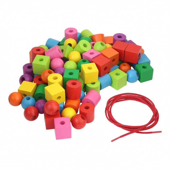 Maxi perles en bois colorées avec cordelette 92 pièces dans boîte en plastique 10x14cm