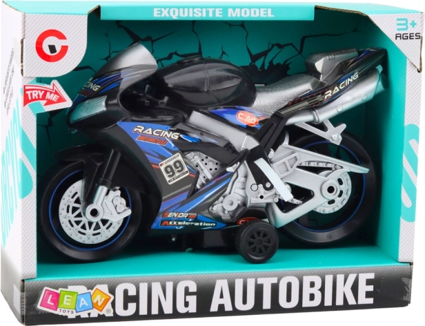 moto de course noir et bleu avec effets lumineux et sonores