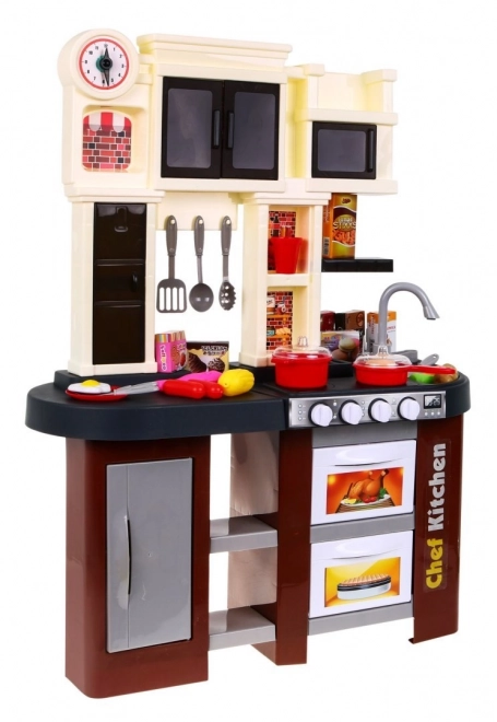 Cuisine interactive marron + brûleurs avec son et lumière + robinet + accessoires - 58 pièces