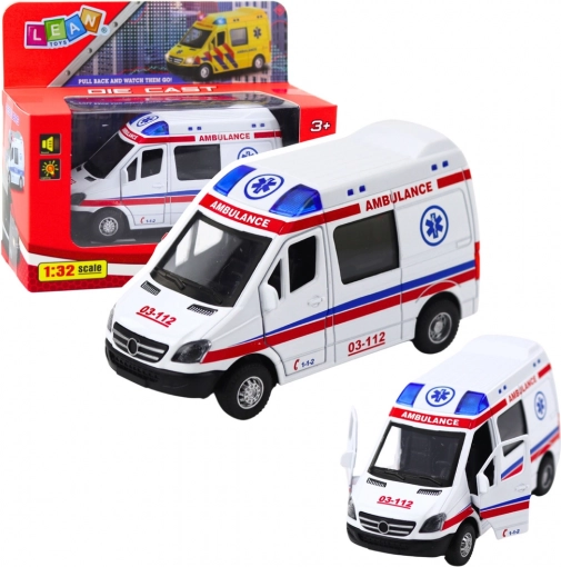 Ambulance en métal 1:32 à propulsion pull-back, lumières et sons – blanche
