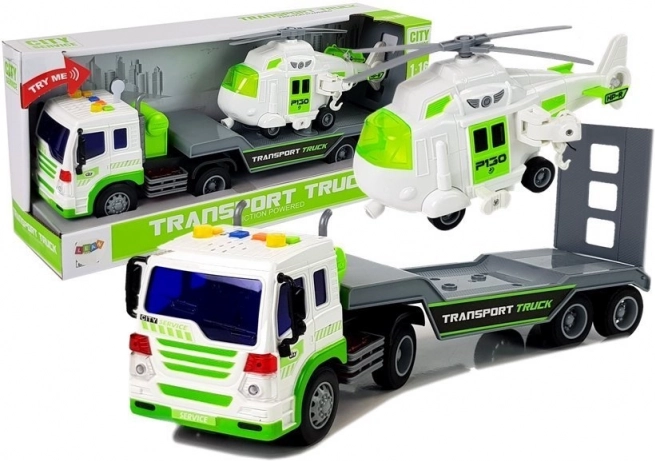 Camion porte‑plateforme avec hélicoptère 1:16 à piles