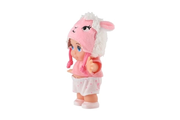 Poupée/bébé avec bonnet, plastique corps rigide 15cm, 4 types dans boîte 9x16x6cm