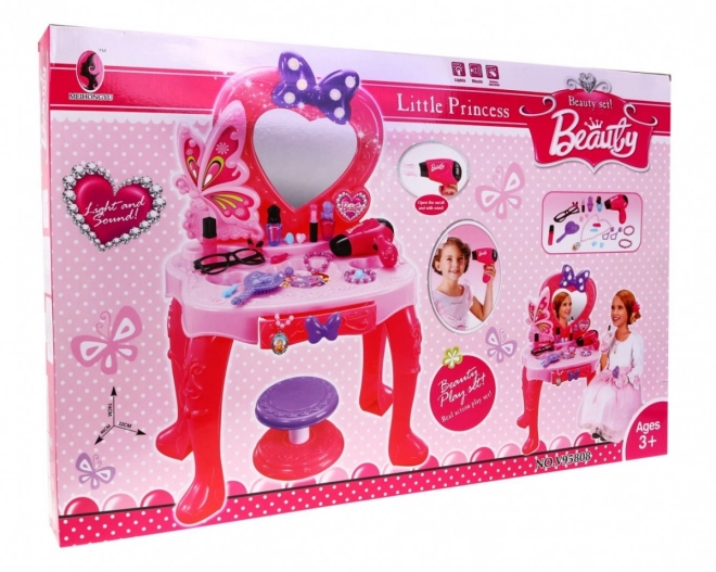 Coiffeuse rose avec miroir et tabouret + accessoires de coiffure et sèche-cheveux