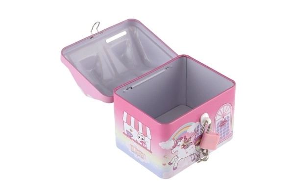 Tirelire maison Licorne en métal avec cadenas rose