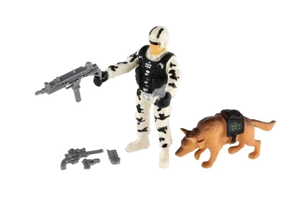Ensemble militaire en plastique avec moto, soldat, chien et accessoires dans une boîte 23x14x4cm