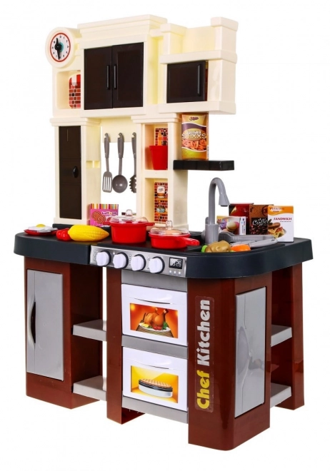 Cuisine interactive marron + brûleurs avec son et lumière + robinet + accessoires - 58 pièces