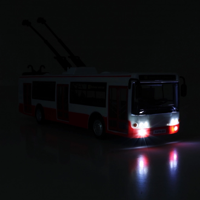 Trolleybus parlant tchèque en plastique 29cm rouge marche libre sur bat. avec lumière et son en boîte 33x11x10cm