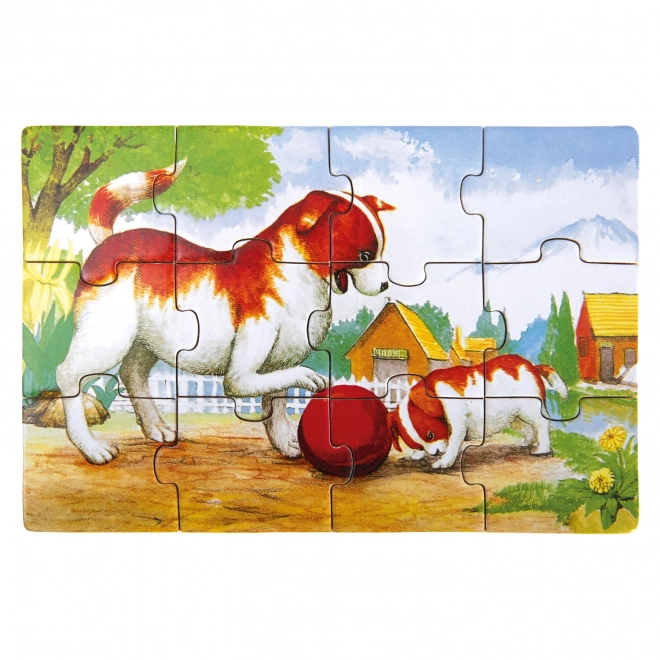 Puzzle en bois d'animaux dans une boîte