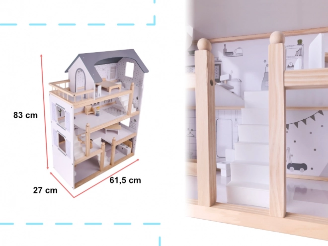 Maison de poupée en bois clair avec meubles - 80cm