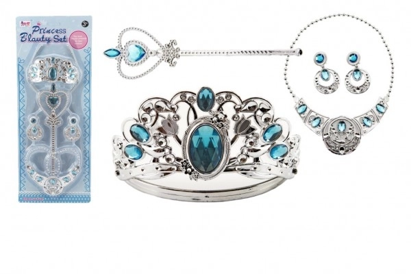 Grand ensemble de beauté couronne en plastique + collier + boucles d'oreilles + sceptre 4 pièces sur carte