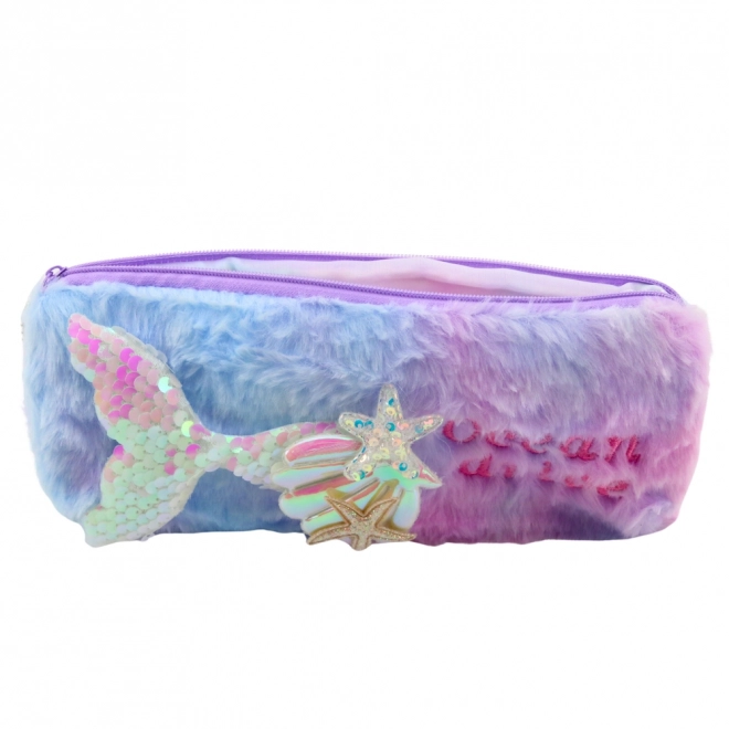 Trousse en peluche avec motif de sirène et paillettes violet-bleu