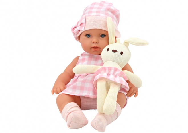 Poupée Bébé avec Porte-bébé Lapin en Vêtements à Carreaux Roses