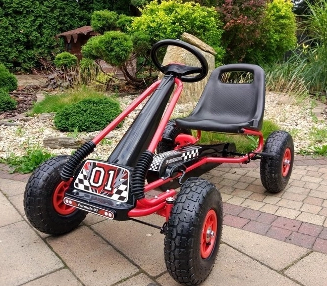Kart à pédales pneumatique + Pneus gonflables + Siège réglable – Rouge