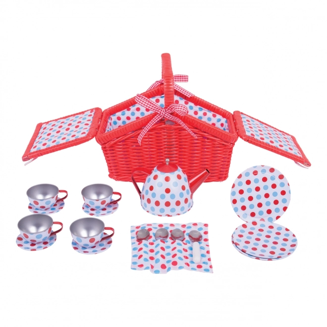 Bigjigs Toys Ensemble à pois pour le thé dans un panier de pique-nique