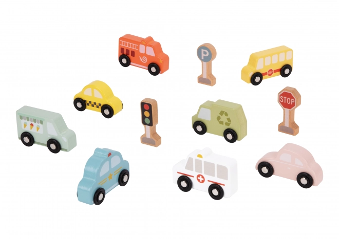 Ensemble de véhicules et de panneaux de signalisation en bois