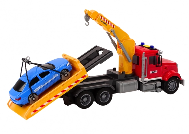 Camion de remorquage rouge avec grue et effets lumineux