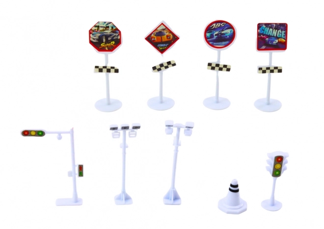 Ensemble de petites voitures avec panneaux de signalisation 25 pcs