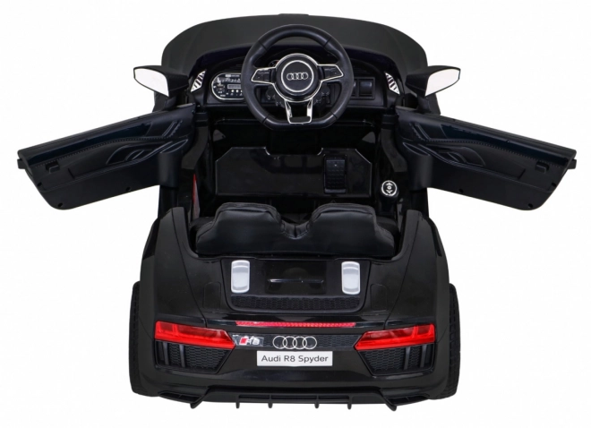 Audi R8 voiture électrique enfant noire avec télécommande, roues EVA, démarrage lent et MP3 LED
